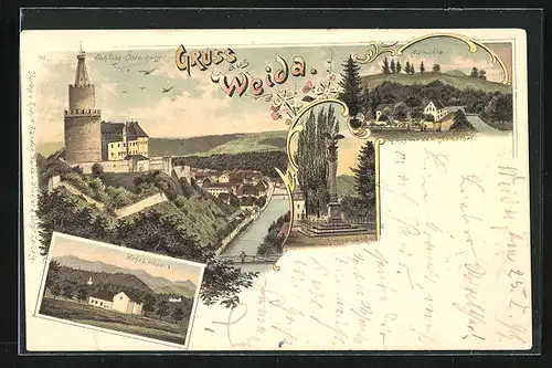 Lithographie Weida, Hohes Haus, Aumühle, Kriegerdenkmal, Schloss Osterburg