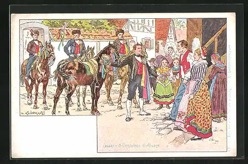 Künstler-AK sign. P. Kauffmann: Usages & Costumes d'Alsace, Anwohner in elsass-lothringischer Tracht