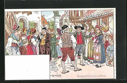 Künstler-AK sign. P. Kauffmann: Usages & Costumes d'Alsace, Anwohner in elsass-lothringischer Tracht