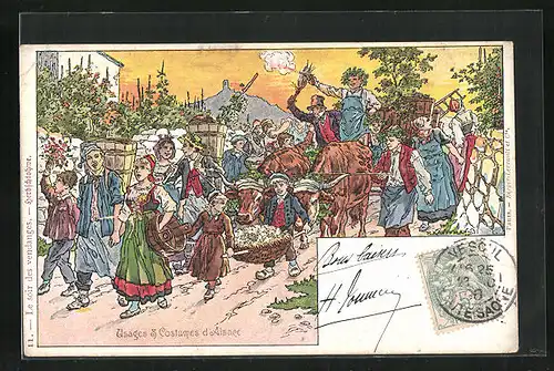 Künstler-AK sign. P. Kauffmann: Usages & Costumes d'Alsace, Anwohner in elsass-lothringischer Tracht