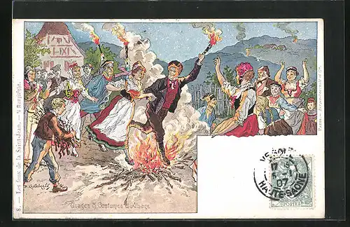 Künstler-AK sign. P. Kauffmann: Usages & Costumes d'Alsace, Anwohner in elsass-lothringischer Tracht tanzen um ein Feuer