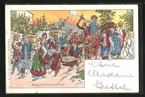 Künstler-AK sign. P. Kauffmann: Usages & Costumes d'Alsace, Anwohner in elsass-lothringischer Tracht
