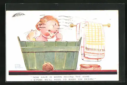 Künstler-AK Mabel Lucie Attwell: kleines Mädchen wäscht sich gründlich die Ohren im Badefass