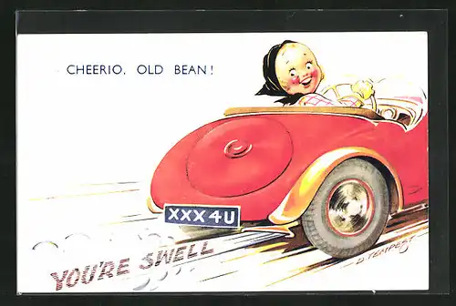Künstler-AK Douglas Tempest: Cheerio, Old Bean!, Mädchen fährt erfreut in ihrem Cabrio