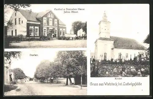 AK Wietstock bei Ludwigsfelde, Gasthof zum Deutschen Hause, Dorfstrasse, Kirche