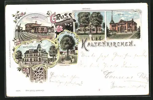 Lithographie Kaltenkirchen, Wulf`s Gasthaus, Apotheke, Bahnhof