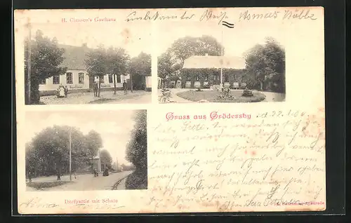 AK Grödersby, H. Clausen`s Gasthaus, Dorfpartie mit Schule, Ortspartie