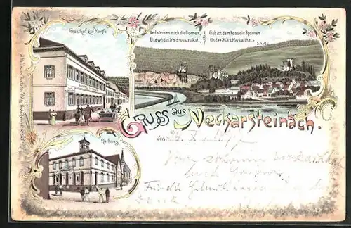 Lithographie Neckarsteinach, Gasthof zur Harfe, Rathaus, Teilansicht