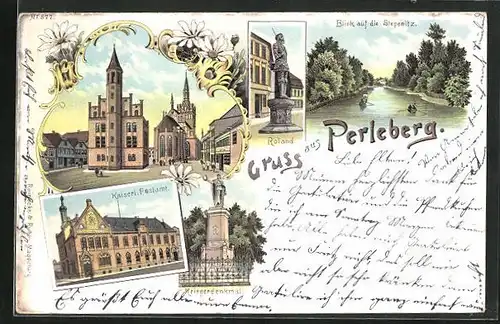 Lithographie Perleberg, Kaiserl. Postamt, Kriegerdenkmal, Roland