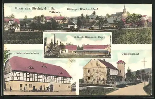 AK Bischdorf i. Sa., Teilansicht mit Rittergut Oberbischdorf, Königliches Remonte-Depot, Gerichtskretscham