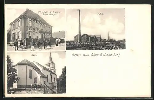 AK Ober-Betschsdorf, Gasthaus zur Krone, Fabrik, Kirche