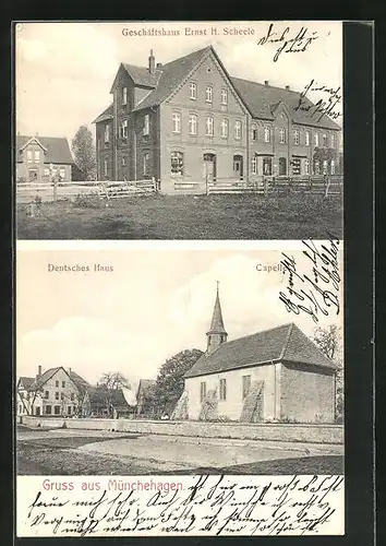 AK Münchehagen, Gasthof Deutsches Haus, Kapelle, Geschäftshaus Ernst H. Scheele