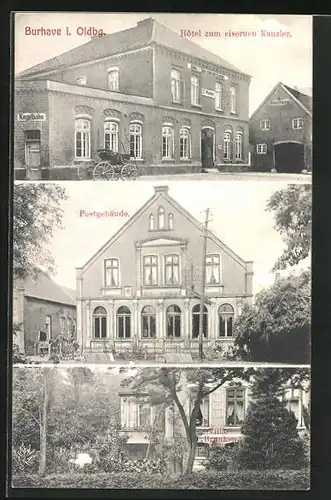 AK Burhave, Hotel zum eisernen Kanzler, Postgebäude, Villa Branken