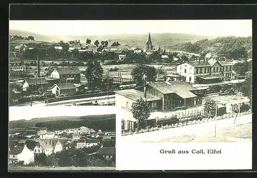 AK Call /Eifel, Panorama mit Bahnhof, Ortspartie
