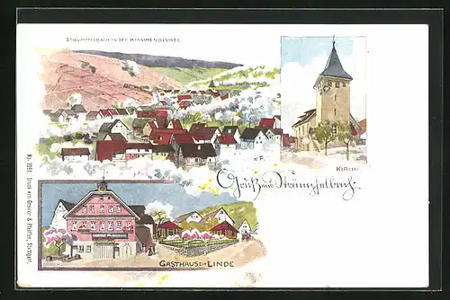 Künstler-AK Strümpfelbach, Gasthaus zur Linde, Kirche, Totalansicht zur Kirschenblüte