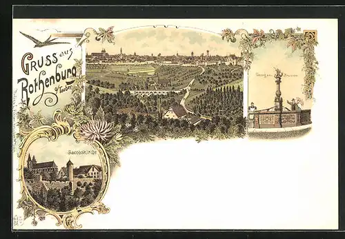 Lithographie Rothenburg o. T., Jacobskirche, Georgen-Brunnen, Totalansicht