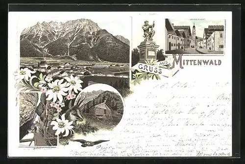 Lithographie Mittenwald, Karwendelhütte, Oberer Markt, Klotz Denkmal