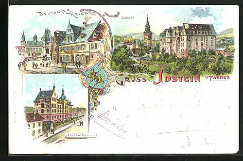 Lithographie Idstein /Taunus, Gasthaus Deutscher Kaiser, Baugewerkschule, Schloss