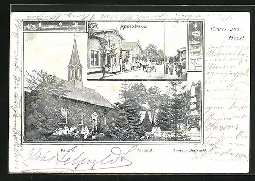 AK Horst, Hauptstrasse, Kirche, Pastorat, Krieger-Denkmal