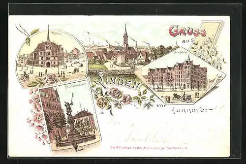 Lithographie Linden b. Hannover, Neuer Markt, Rathaus, Marktbrunnen