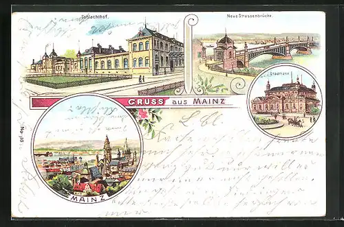 Lithographie Mainz, Schlachthof, Stadthalle, Neue Strassenbrücke