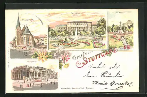 Lithographie Stuttgart, St. Leonhards Kirche, Polytechnikum