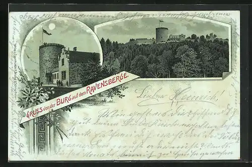 Mondschein-Lithographie Borgholzhausen, Blick auf Burg auf Ravensberg