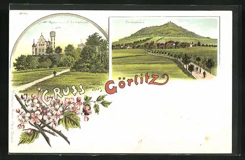 Lithographie Görlitz, Restaurant a. d. Landeskrone, Blick auf Landeskrone