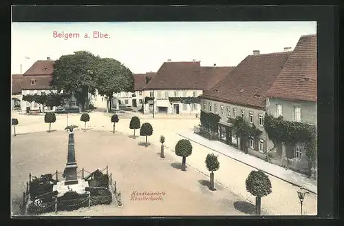 AK Belgern /Elbe, Strasse am Marktplatz mit Kriegerdenkmal