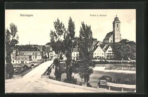 AK Nürtingen, Partie a. Neckar mit Brücke und Kirche