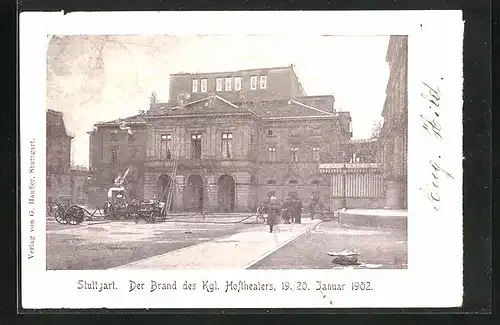 AK Stuttgart, Brand des Kgl. Hoftheaters 19.-20. Januar 1902, Feuerwehr mit Einsatzwagen
