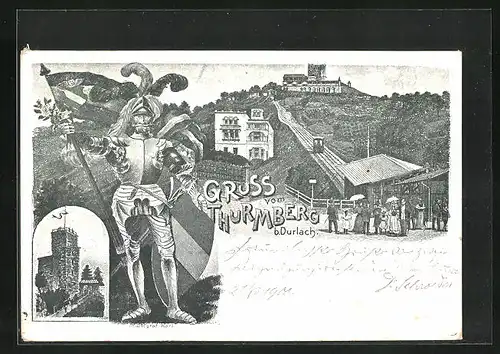 AK Durlach, Gasthaus auf dem Turmberg, Bergbahn