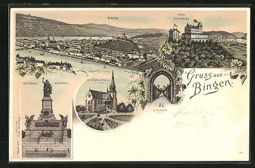 Lithographie Bingen, Teilansicht mit Hotel Rochusberg, National Denkmal, Rochuskapelle Ostseite