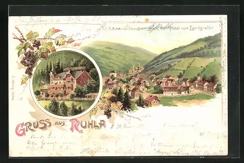 Lithographie Ruhla, Hotel zum Landgrafen, Blick auf den Ort