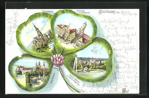 Passepartout-Lithographie Stuttgart, Johanneskriche, Altes Schloss, Marktplatz mit Stiftskirche im Kleeblatt