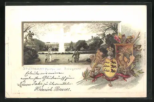 Passepartout-Lithographie Stuttgart, Partie am Anlagesee, Wappen