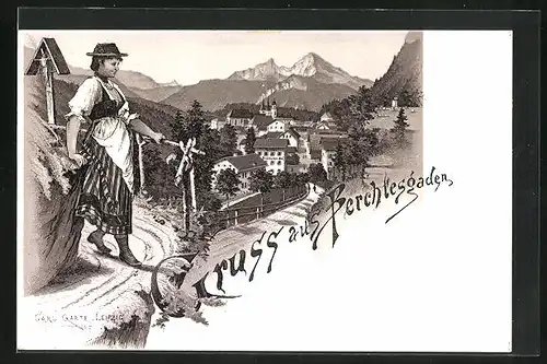 Lithographie Berchtesgaden, Ortspartie mit Hôtel Salzburger Hof und Frau in Tracht