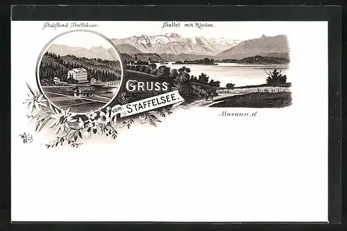 Lithographie Murnau, Stahlbad Staffelsee, Staffel mit Rieden