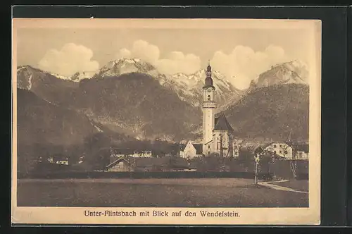 AK Unter-Flintsbach, Ortspartie mit Kirche und Blick auf den Wendelstein