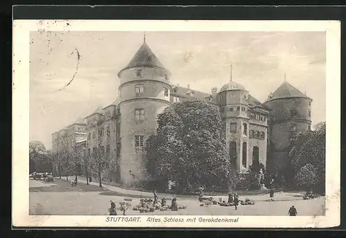 AK Stuttgart, altes Schloss mit Gerokdenkmal