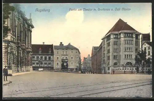 AK Augsburg, Partie am Theater mit Café Maxim, Deutschem Haus und Grottenau