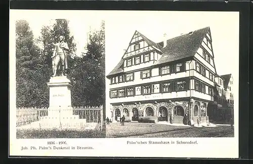 AK Schorndorf, Palm`sches Stammhaus mit Apotheke, Joh. Ph. Palm`s Denkmal in Braunau 1806-1906