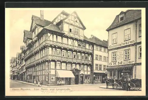 AK Hann.-Münden, Markt- und Langestrasse mit Colonialwaren von G.H. Müller
