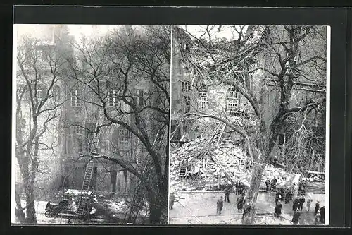 AK Stuttgart, Brand des Schlosses vor und nach dem Einsturz, 1931