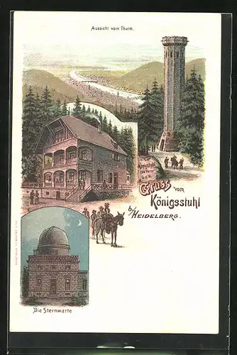 Lithographie Königsstuhl b. Heidelberg, Gasthaus, Sternwarte, Turm