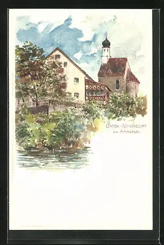 Lithographie Unter-Schondorf /Ammersee, Ortspartie mit Kirche