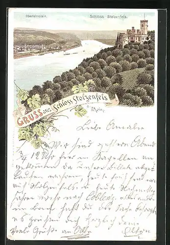 Lithographie Koblenz, Schloss Stolzenfels mit Oberlahnstein