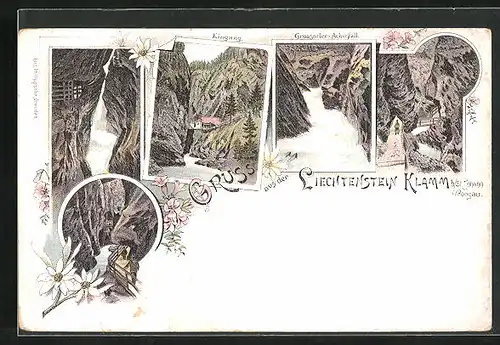 Lithographie St. Johann /Pongau, Lichtenstein Klamm, Grossarler-Achenfall