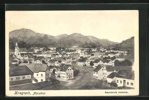 Künstler-AK Krieglach /Mürzthal, Ortsansicht mit Bergen