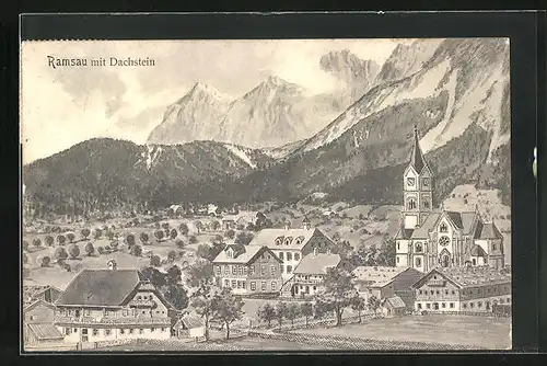 Künstler-AK Ramsau, Ortsansicht mit Dachstein